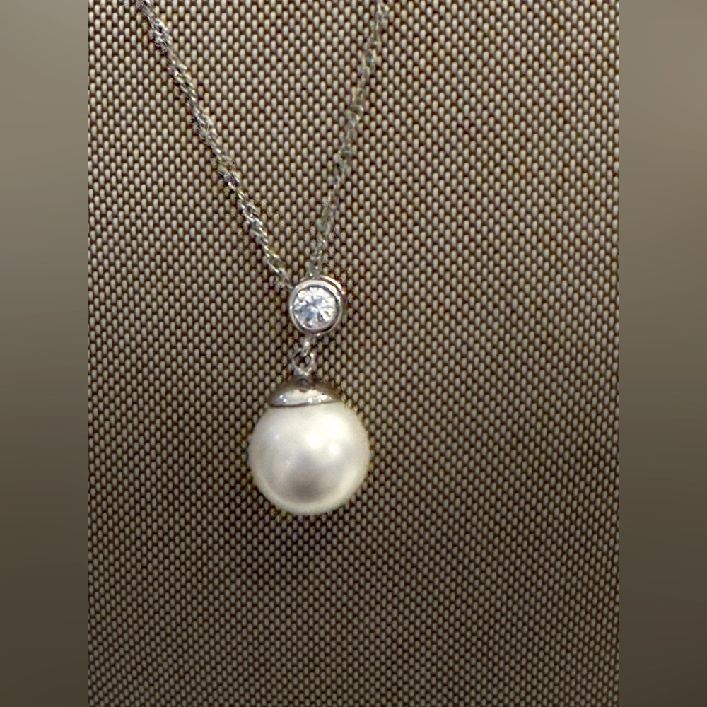 Large 14-15mm faux Pearl with CZ round diamond  accent pendant